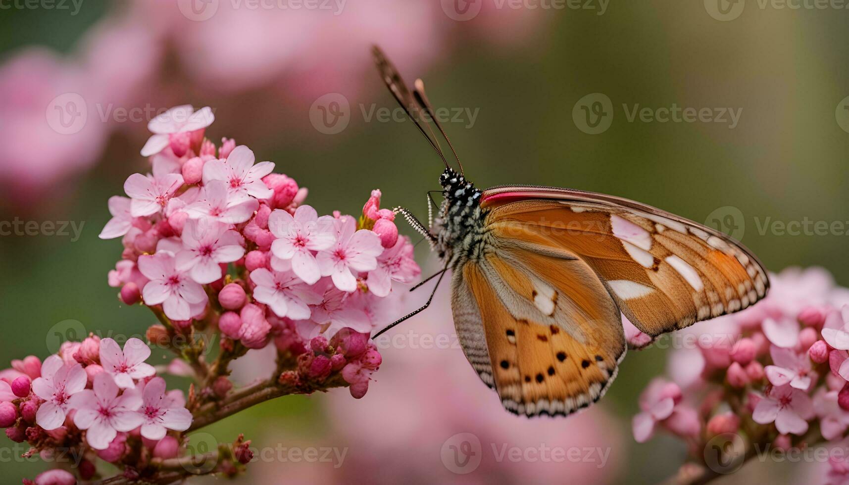 ai gegenereerd een vlinder is zittend Aan sommige roze bloemen foto