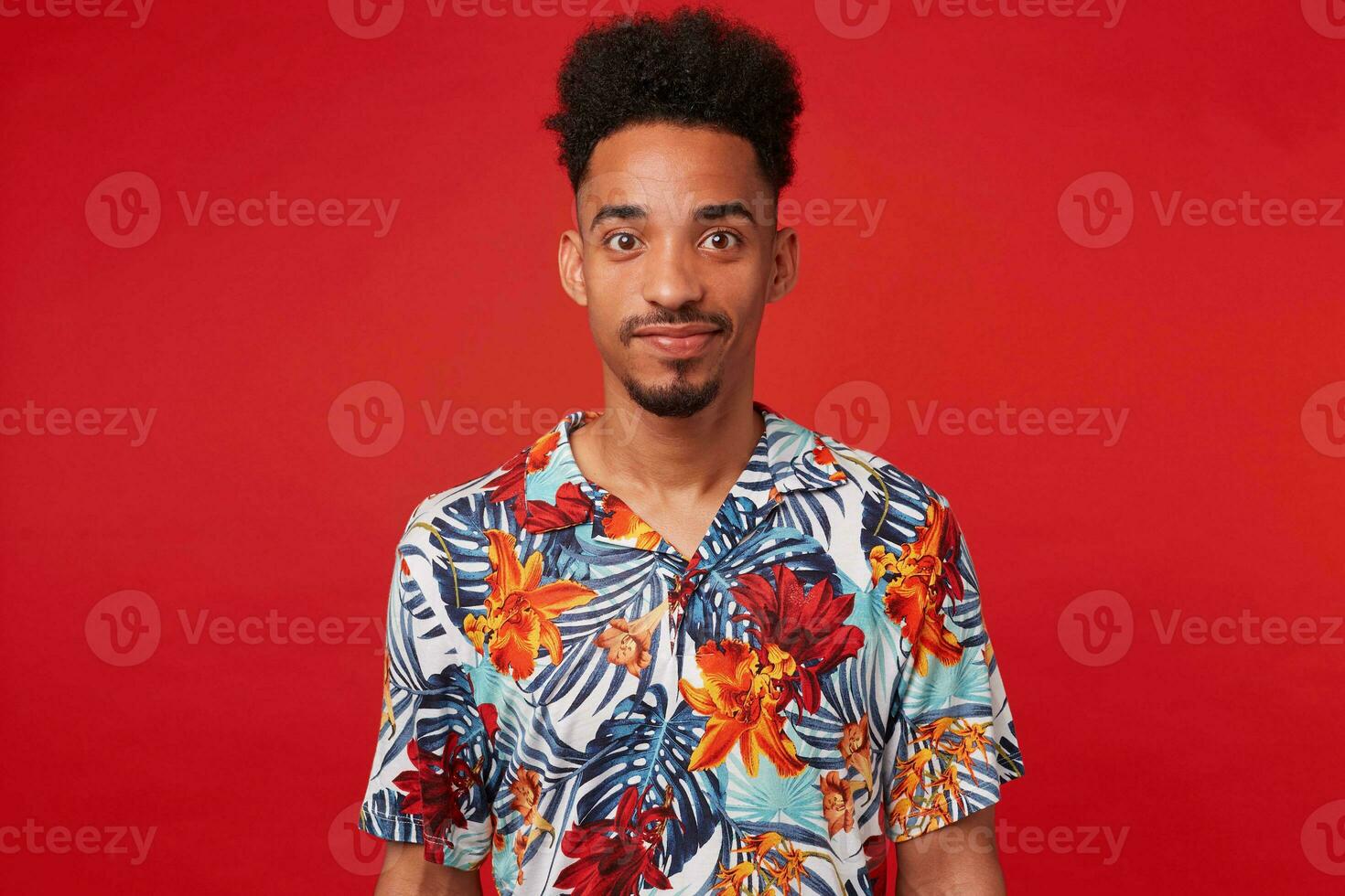 portret van jong Afrikaanse Amerikaans jongen, draagt in hawaiiaans shirt, looks Bij de camera en lachend, staat over- rood achtergrond. foto