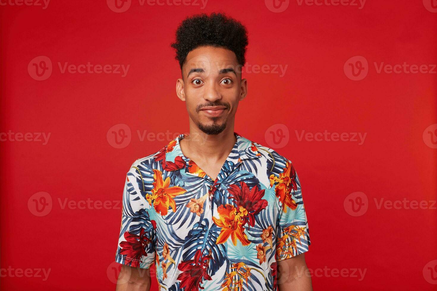 jong Afrikaanse Amerikaans Mens draagt in hawaiiaans shirt, looks Bij de camera en kalmte lachend, staat over- rood achtergrond. foto