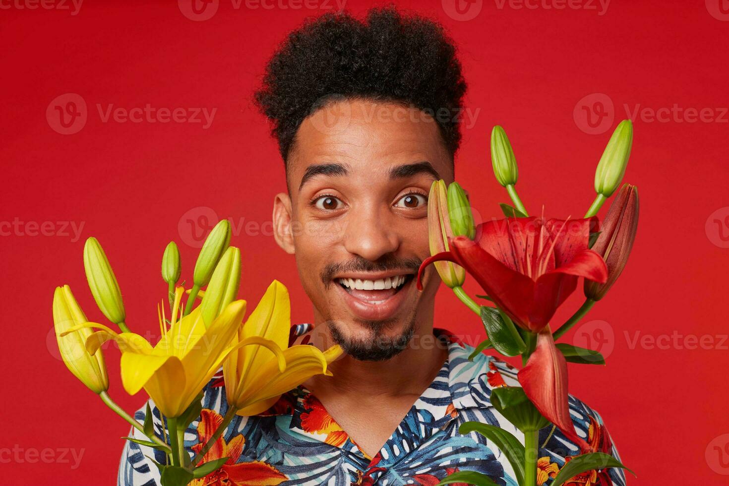 dichtbij omhoog vrolijk jong Afrikaanse Amerikaans jongen, draagt in hawaiiaans shirt, looks Bij de camera met gelukkig uitdrukking, staat over- rood achtergrond, geel bloemen gedekt gezicht. foto