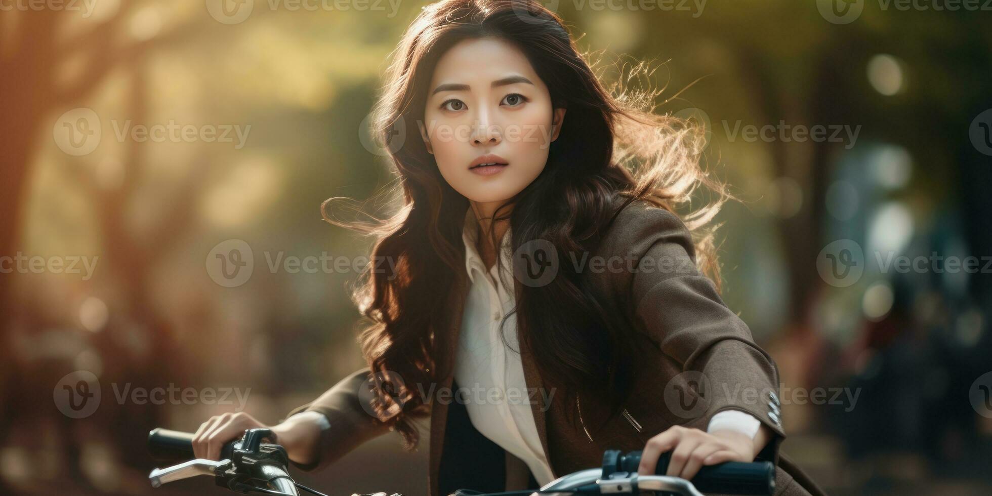 ai gegenereerd elegant kantoorstijl Aziatisch meisje Aan fiets. ai generatief. foto