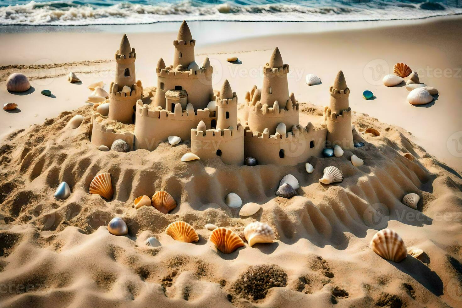 ai gegenereerd zand kasteel Aan de strand foto