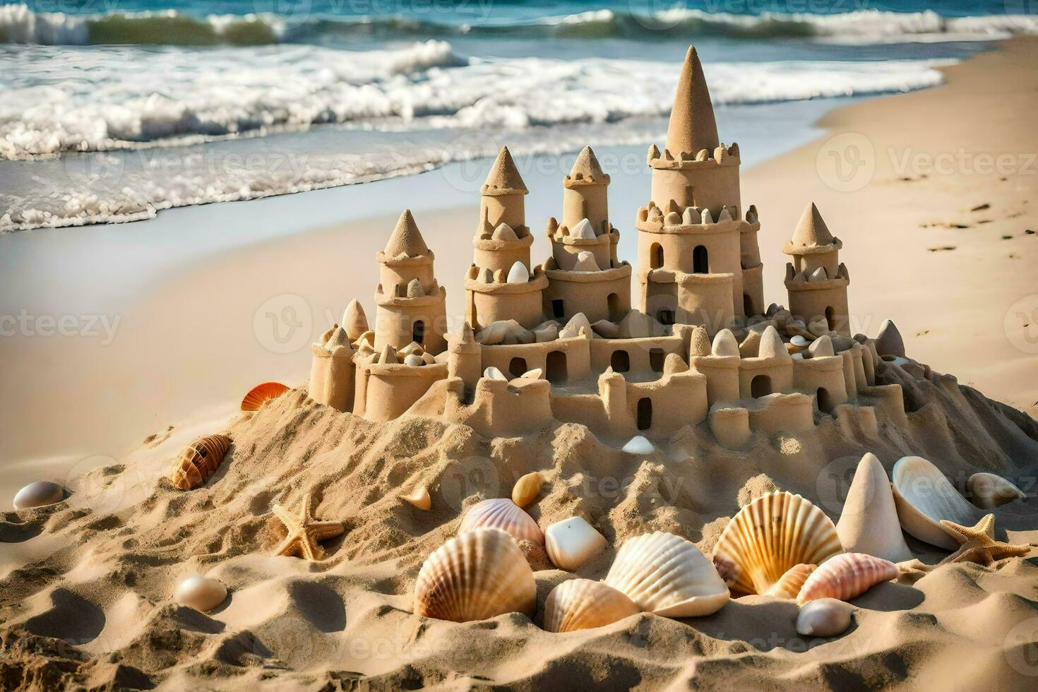 ai gegenereerd een zand kasteel Aan de strand met schelpen en schelpen foto