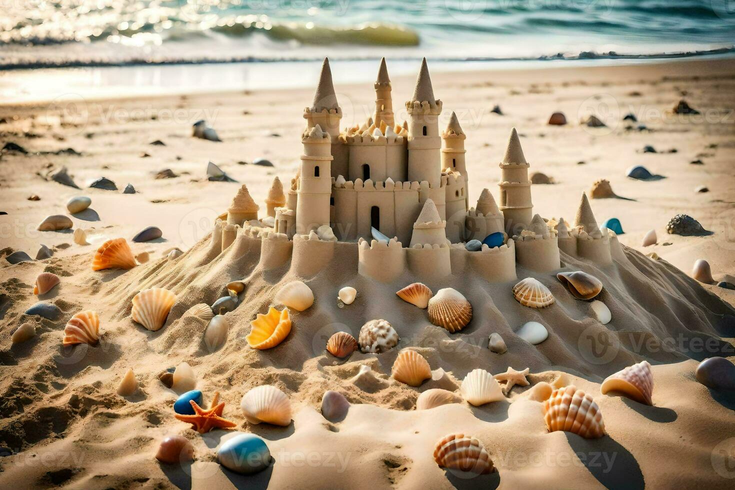 ai gegenereerd een zand kasteel Aan de strand met schelpen en schelpen foto