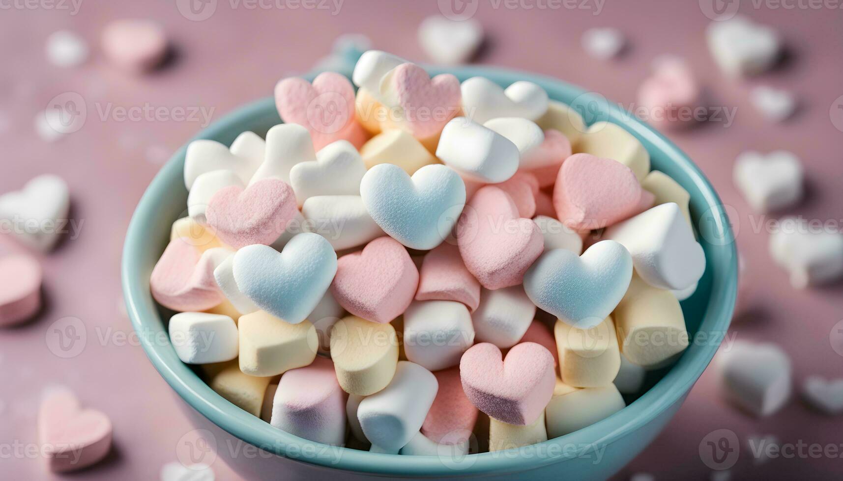 ai gegenereerd een kom gevulde met marshmallows en harten foto