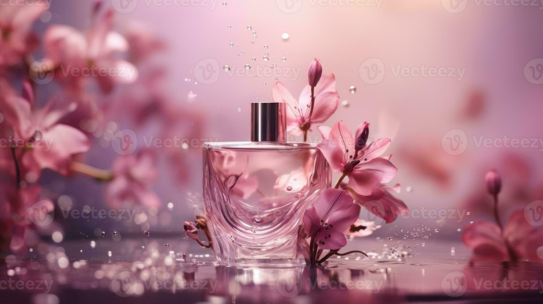 ai gegenereerd luxe parfum, kunstmatig premie glas fles. banier, poster voor schoonheid Promotie van elegant Product voor advertenties Aan gedrapeerd zijde kleding stof kleding elegants achtergrond met parels. generatief ai foto