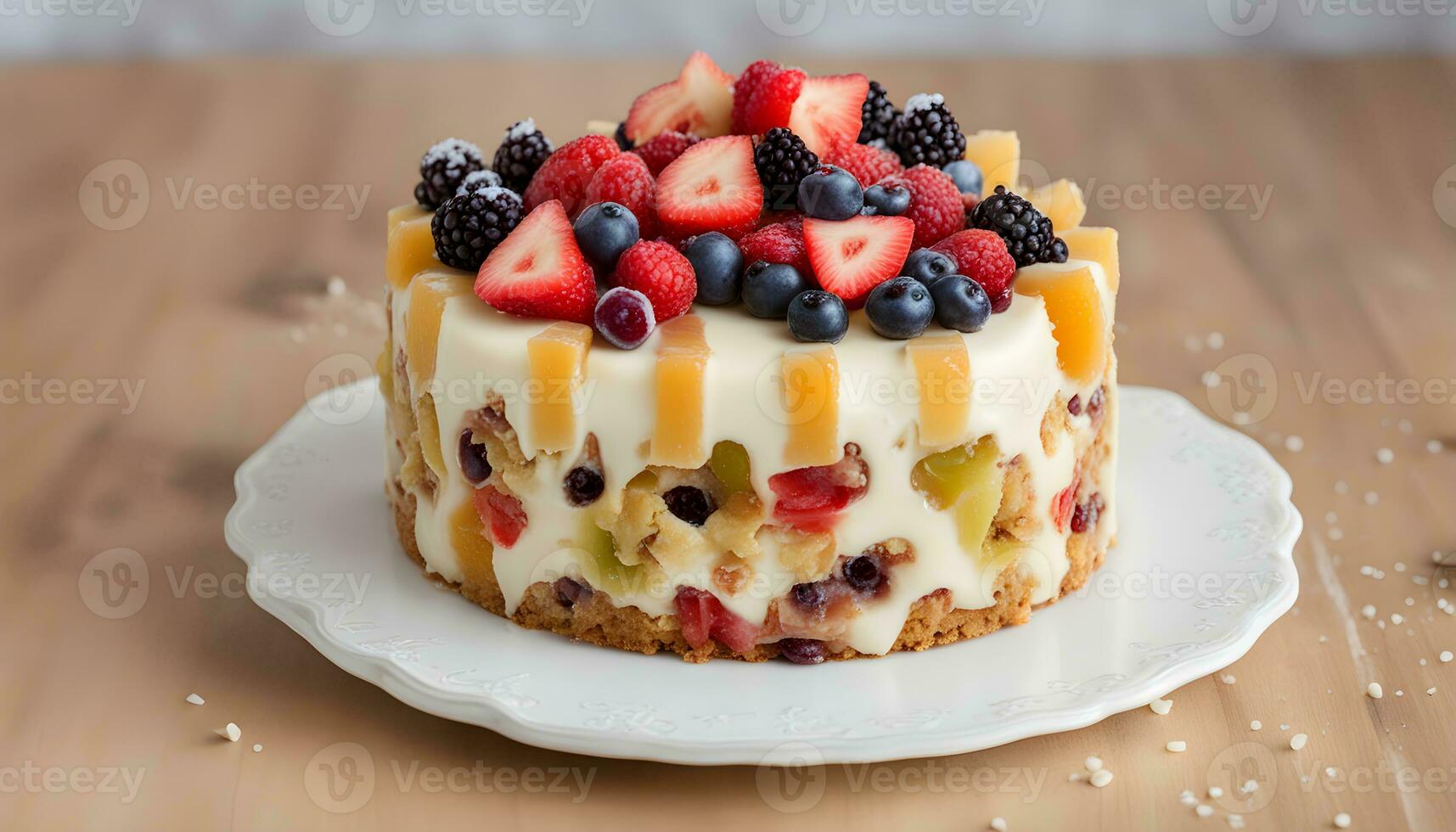 ai gegenereerd een taart met fruit Aan top en een wit bord foto