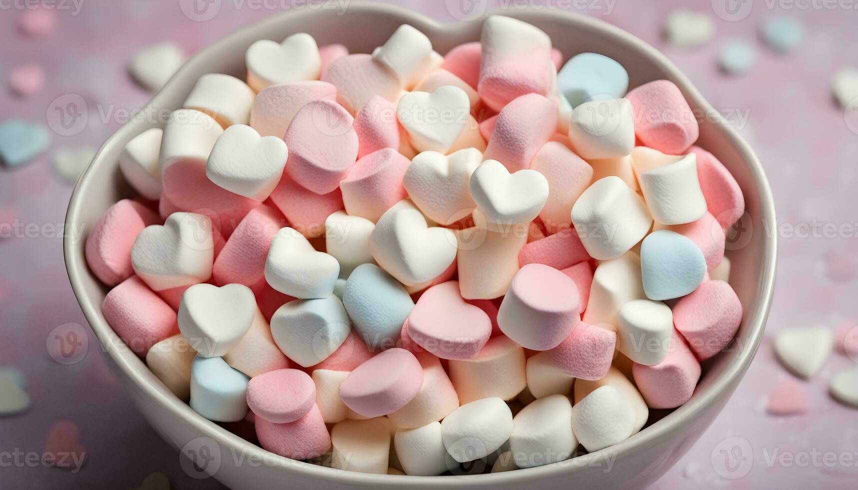 ai gegenereerd een kom gevulde met marshmallows en roze en blauw harten foto