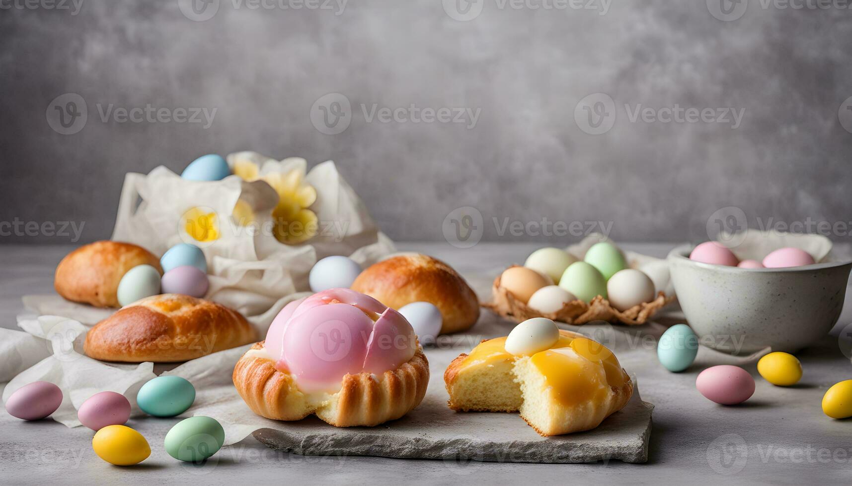 ai gegenereerd Pasen eieren en gebakjes Aan een tafel foto