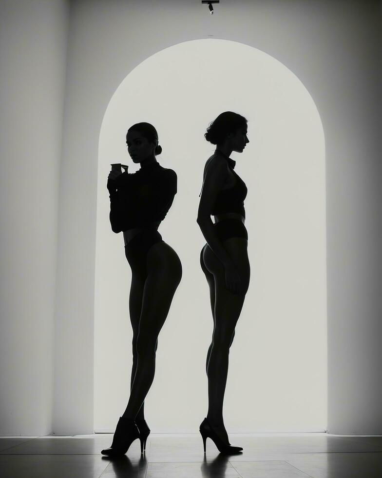 ai gegenereerd silhouet van drie Dames in zwart en wit jurken, studio schot. ai generatief foto