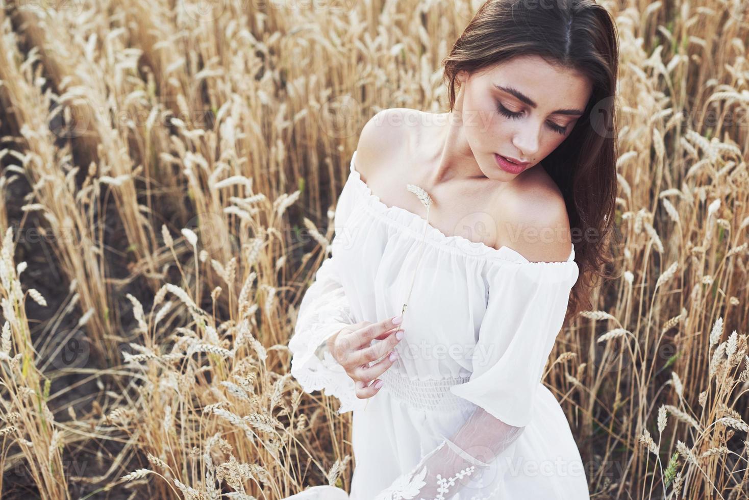 jong gevoelig meisje in witte jurk poseren in een veld van gouden tarwe foto
