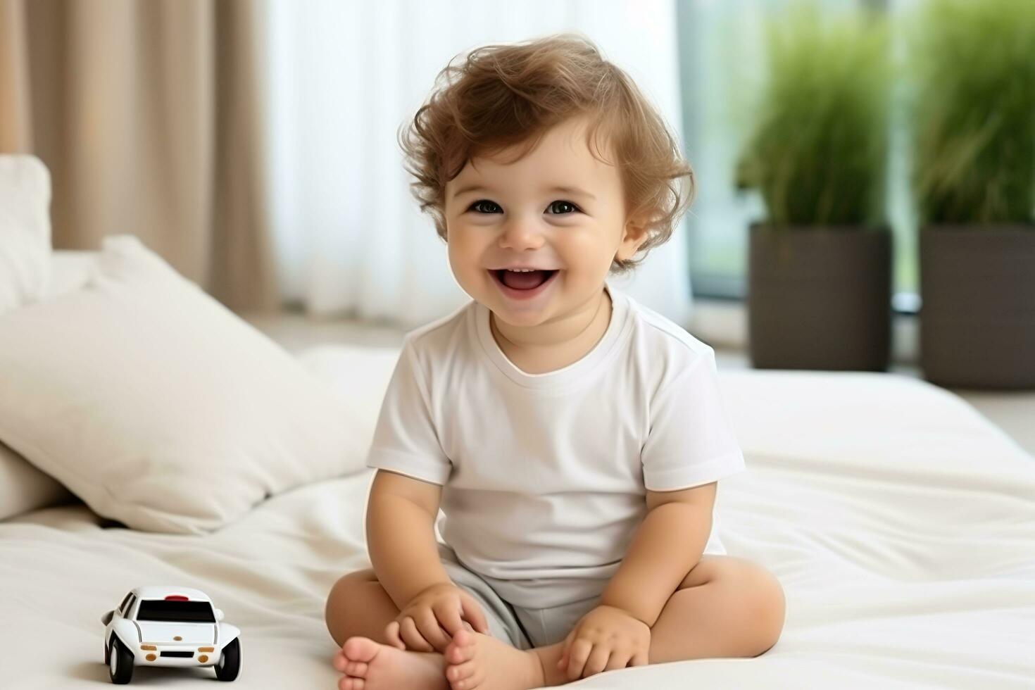 ai gegenereerd glimlachen baby jongen spelen met speelgoed- auto. baby bodysuit model. foto