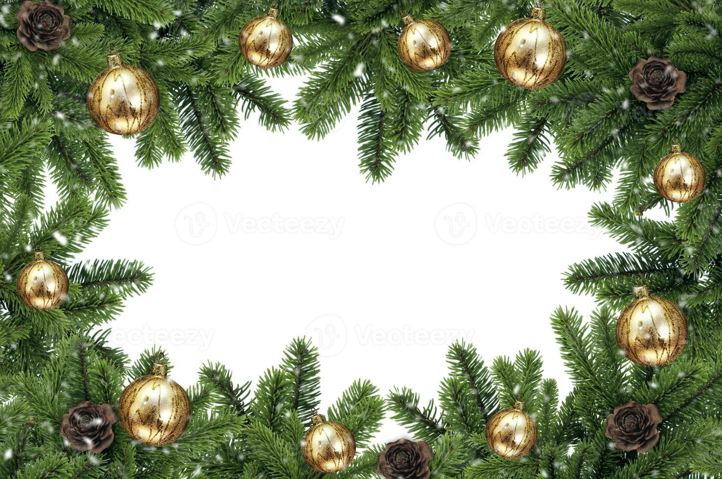 takken van een natuurlijk Kerstmis boom met geel ballen en kegels Aan een wit achtergrond. geïsoleerd afbeelding. Kerstmis boom takken kader foto