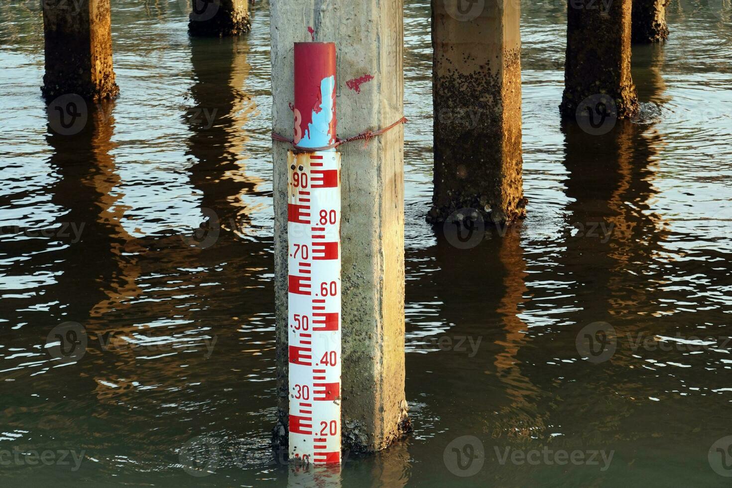 kritiek water niveau graadmeter. een rood personeel peilen naast een beton pool tonen kritiek rivier- water. foto