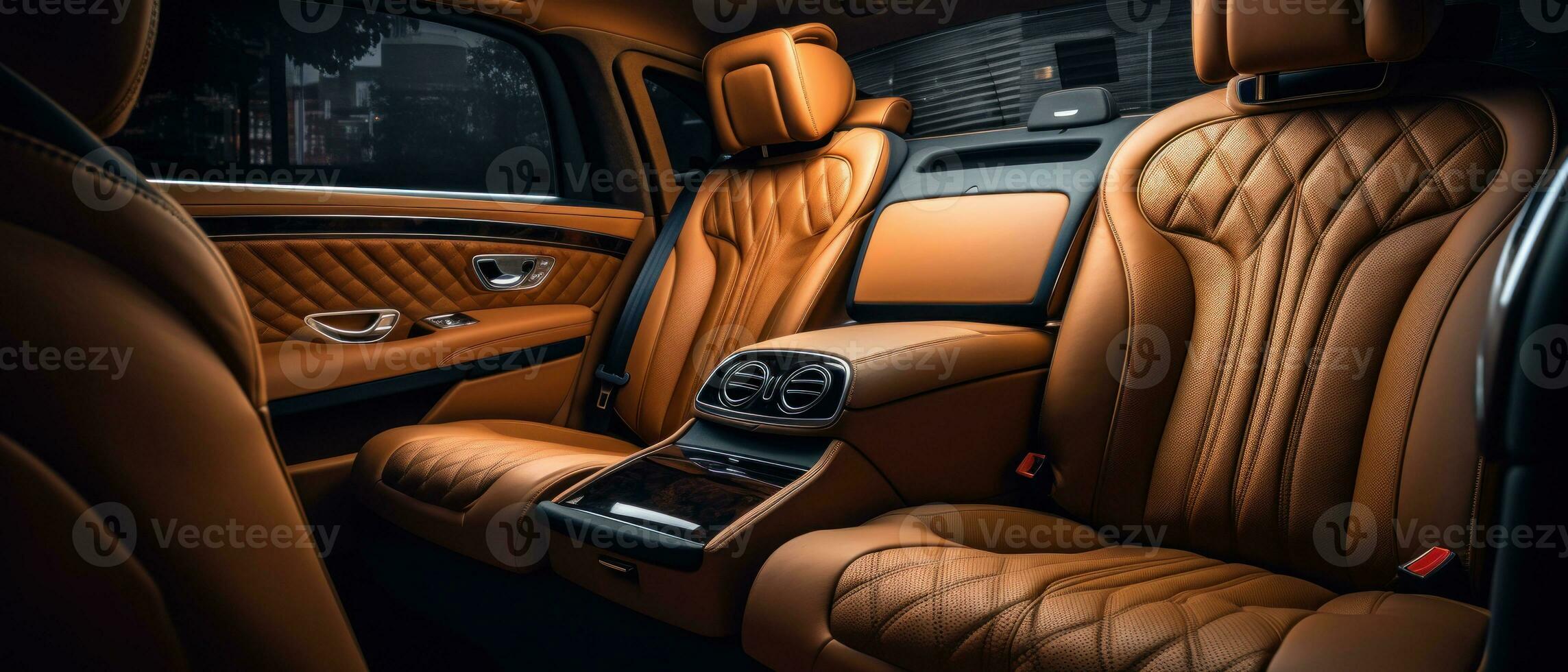 ai gegenereerd luxe auto interieur met bruinen leer stoelen, klassiek elegantie. ai generatief. foto