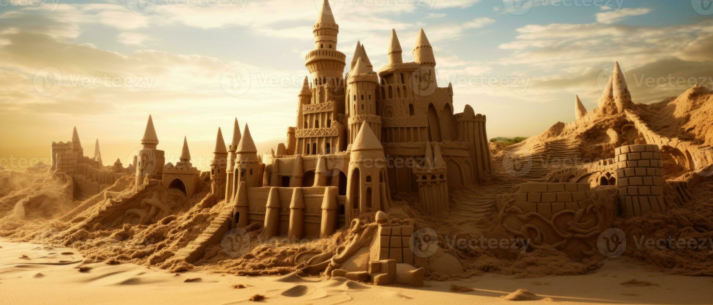 ai gegenereerd rustig woestijn tafereel met een gedetailleerd zand kasteel. ai generatief. foto