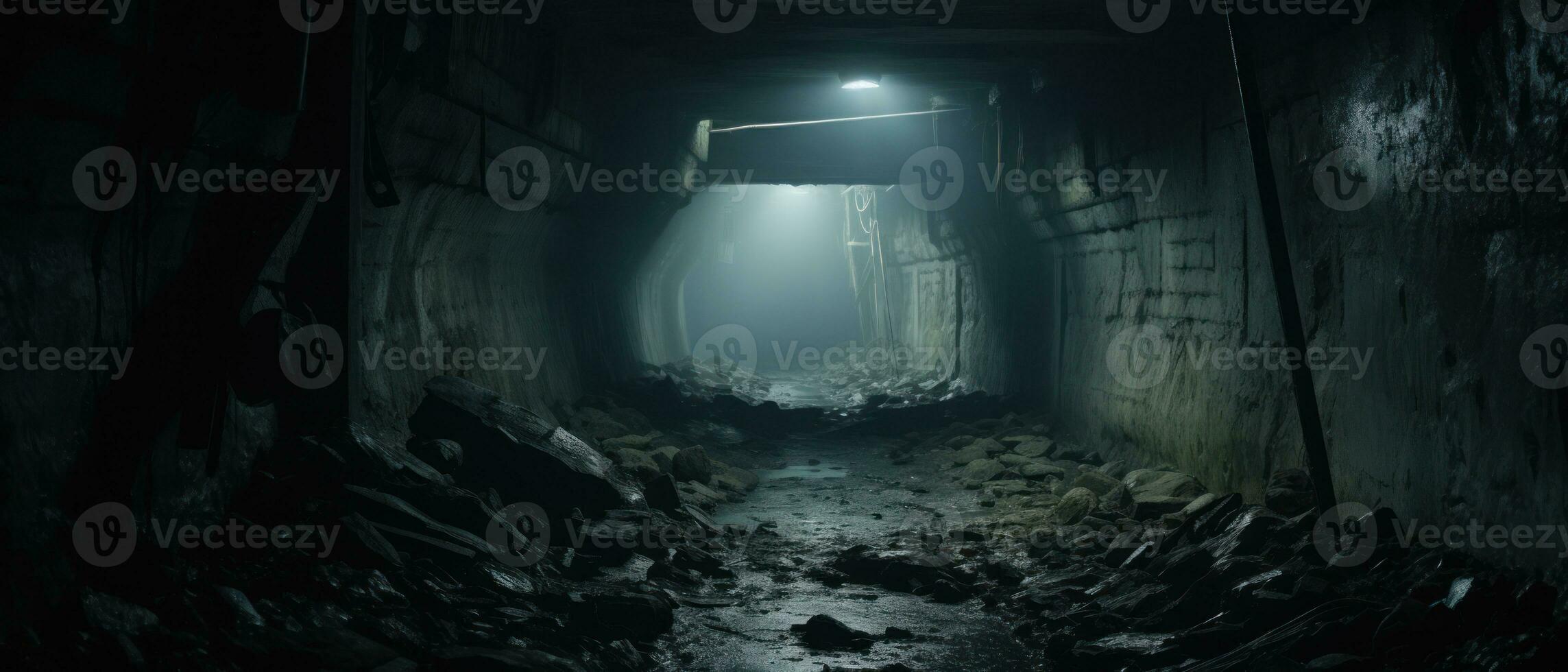 ai gegenereerd griezelig ondergronds tunnel met verlaten trein spoor. ai generatief. foto