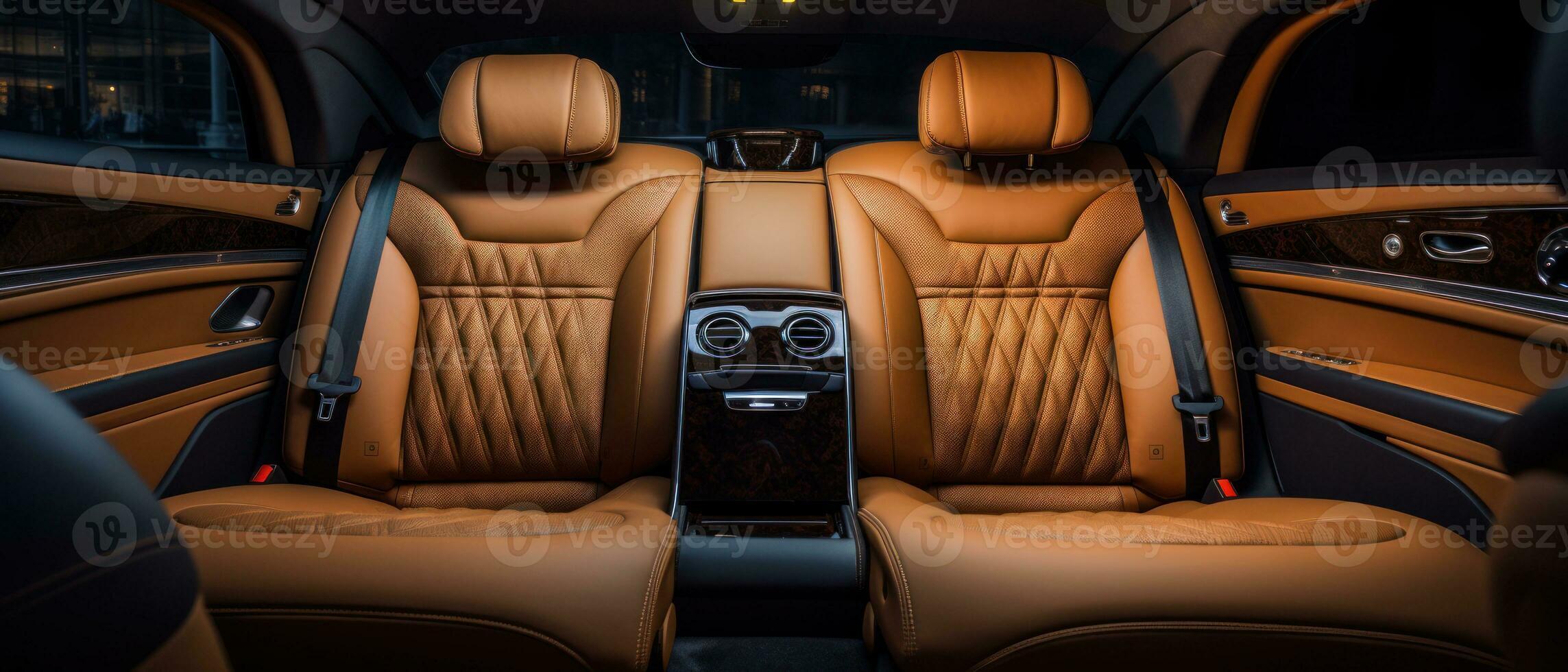 ai gegenereerd luxe auto interieur met bruinen leer stoelen, klassiek elegantie. ai generatief. foto