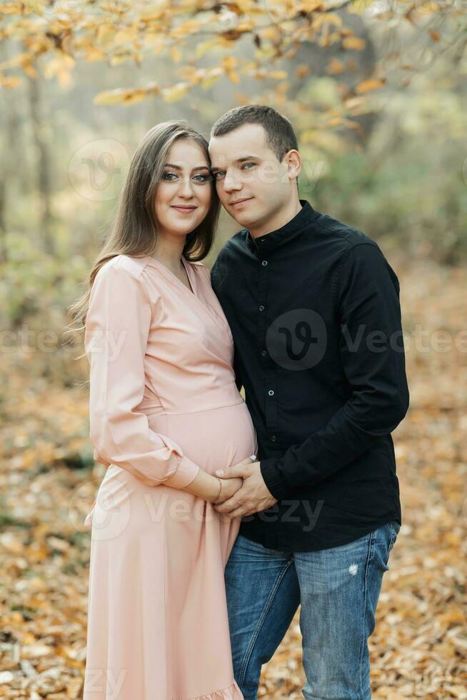 portret van een gelukkig jong familie, man en zwanger vrouw, staand tegen de achtergrond van mooi licht in de herfst Woud, op zoek Bij elk andere foto