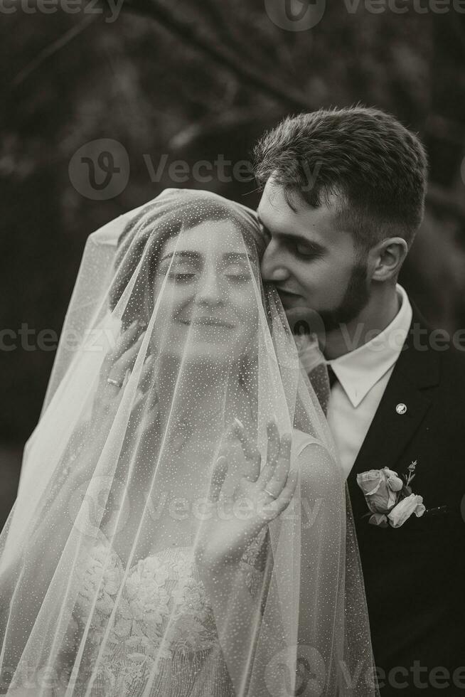 detailopname schot van een elegant brunette bruid in een wit jurk poseren onder een sluier detailopname. bruid portret, bruiloft bedenken en kapsel, bruids mode. mooi bruid in een sluier foto