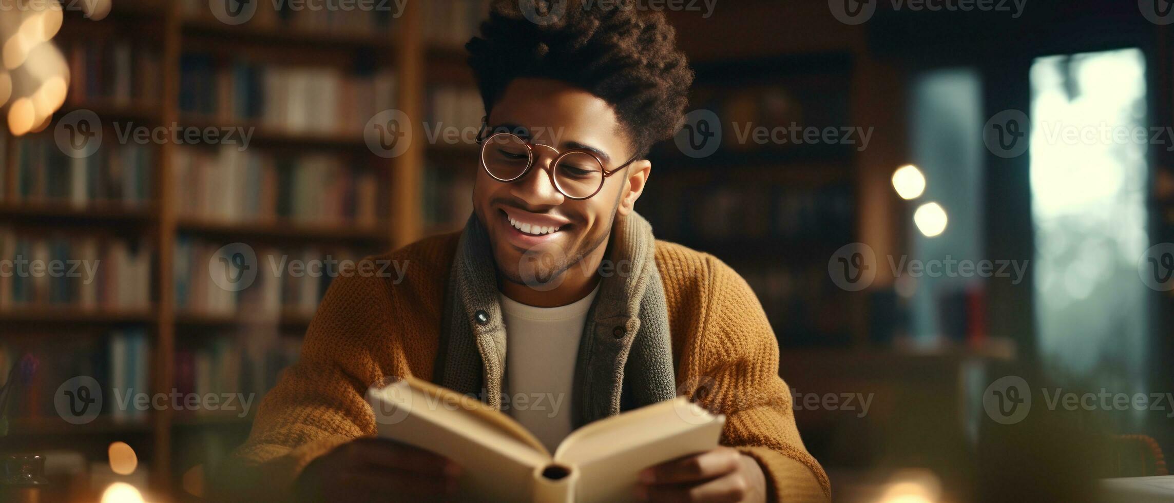 ai gegenereerd rustig bibliotheek atmosfeer, jong lezers geabsorbeerd in boeken. ai generatief. foto