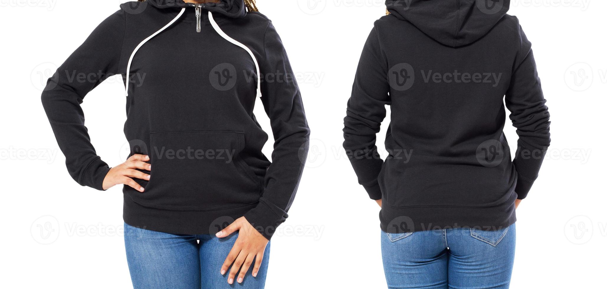 vrouw in zwarte hoodie set geïsoleerd op een witte achtergrond. hoodie mock-up foto