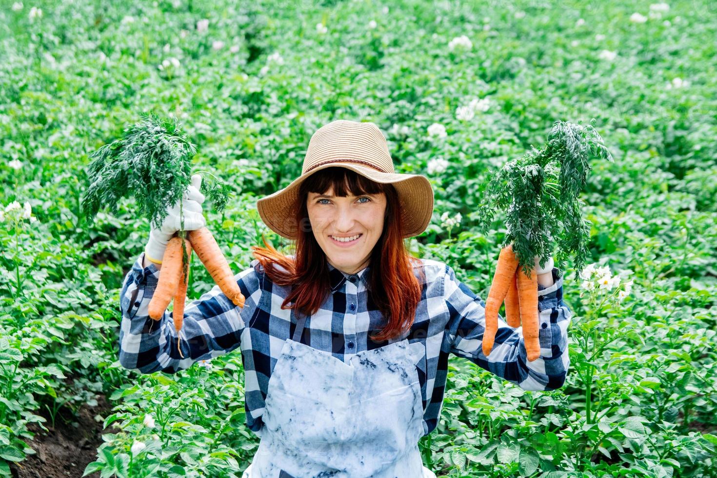 vrouw boer houdt een bos wortelen op achtergrond moestuin foto