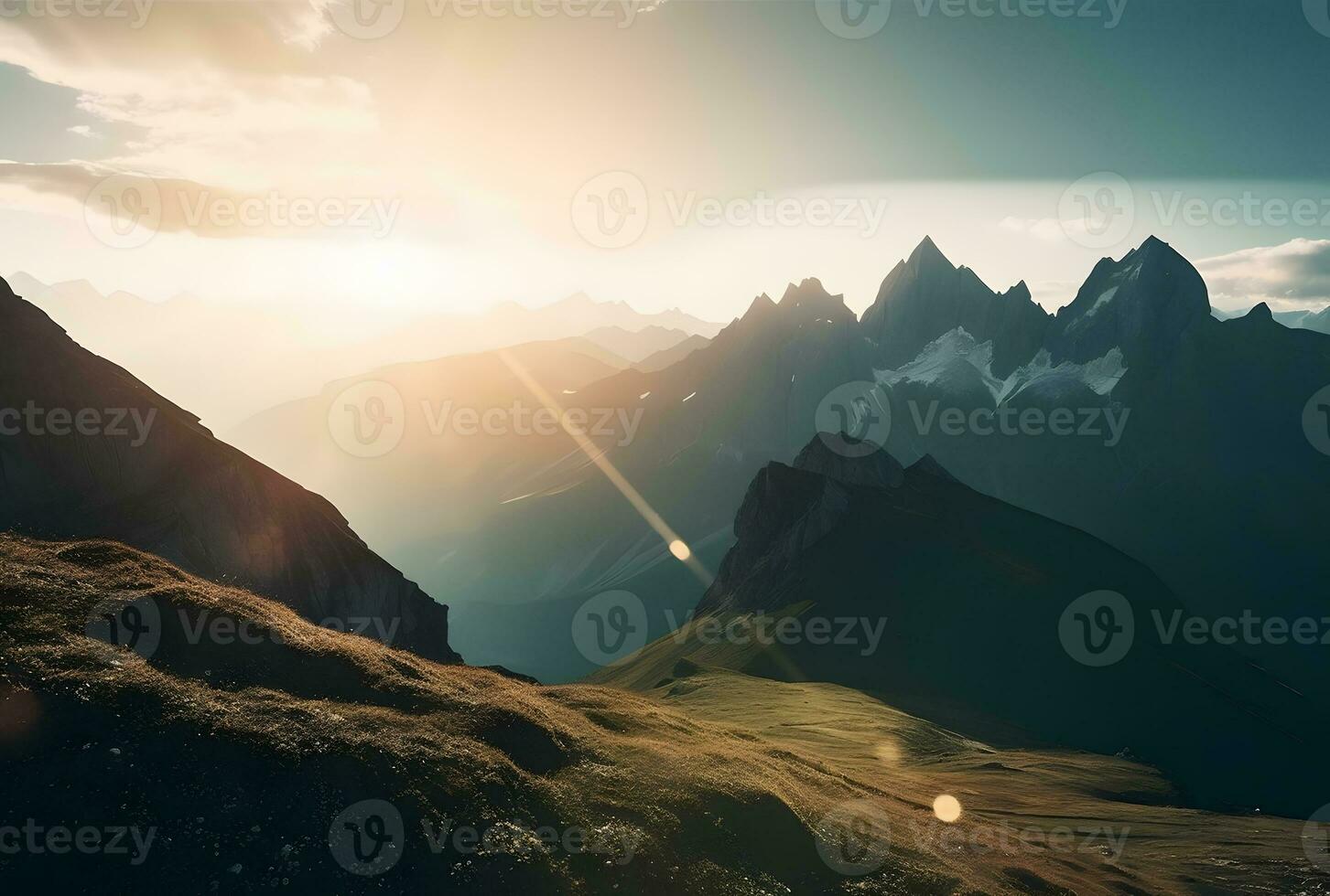 ai gegenereerd een zon schijnend over- een berg reeks onder blauw lucht foto