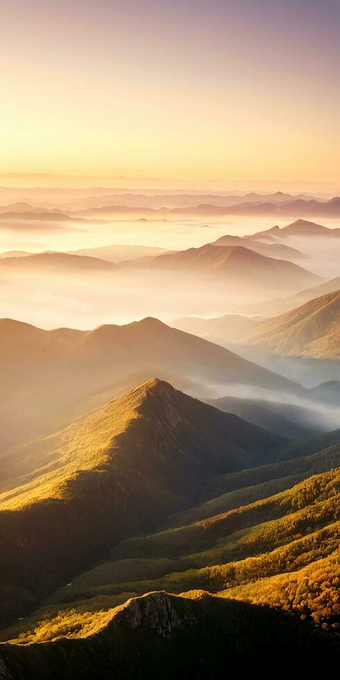 ai gegenereerd antenne visie van bergen in laag wolken Bij zonsopkomst in herfst. top dar visie van heuvels met rood en oranje bomen in mist, kleurrijk lucht in val. Slovenië. natuur. berg vallei. foto