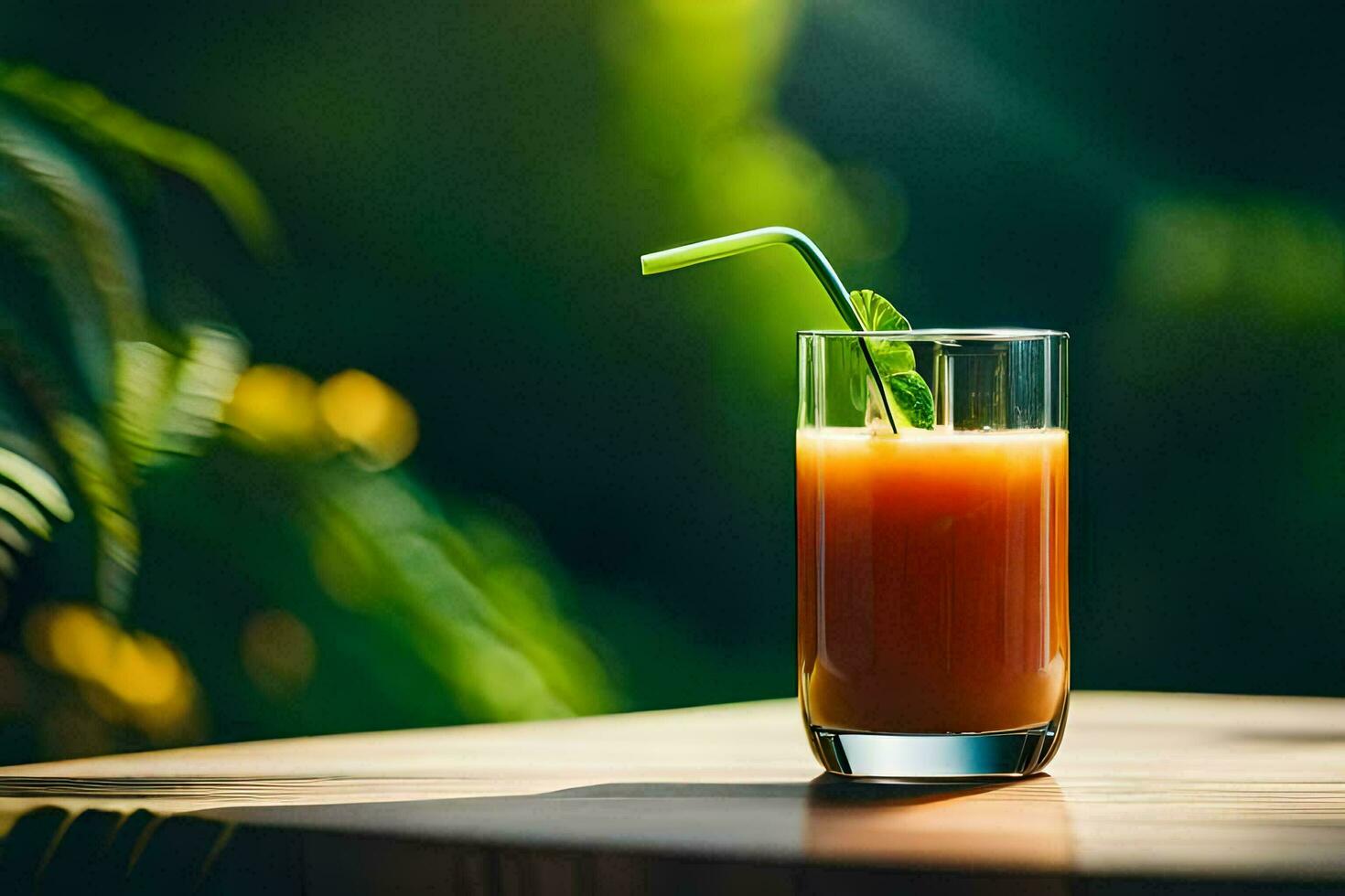 een glas van oranje sap met een rietje Aan een tafel. ai-gegenereerd foto