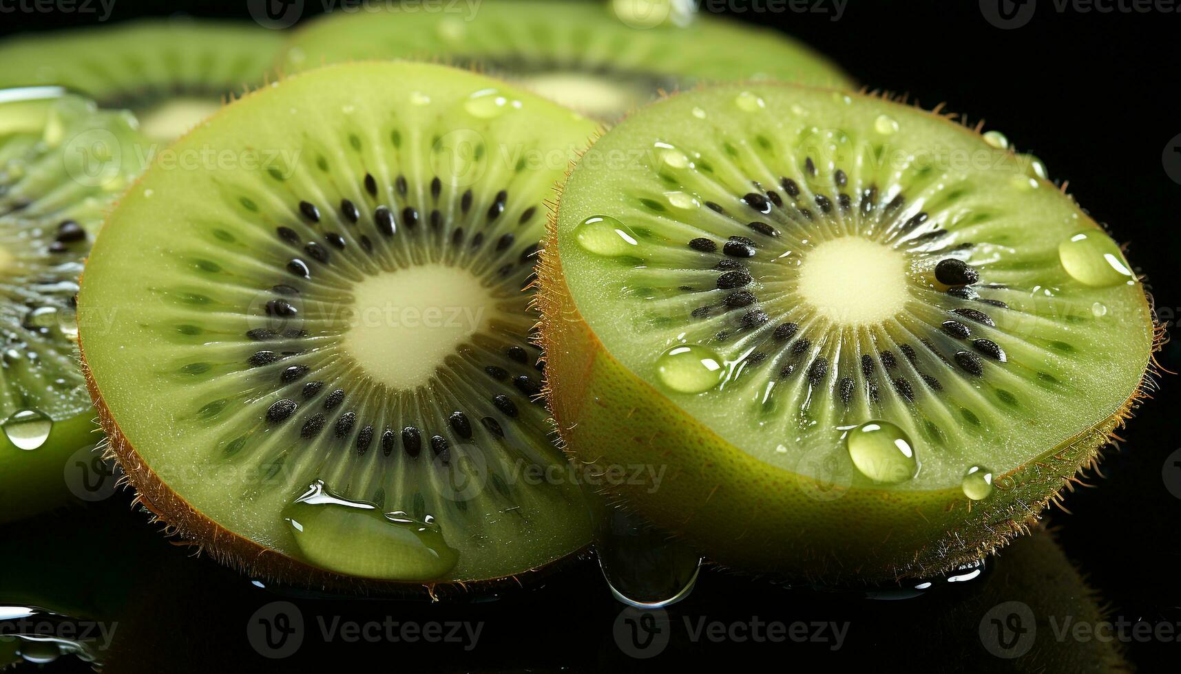 ai gegenereerd versheid en natuur in een plak van rijp, groen kiwi fruit gegenereerd door ai foto