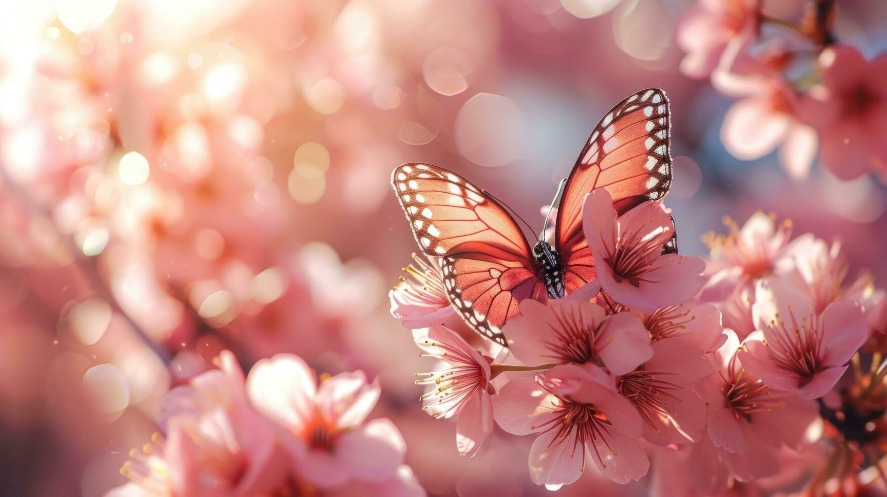 ai gegenereerd roze bloemblaadjes, vlinders, en bloeiend bomen creëren een lente betovering foto
