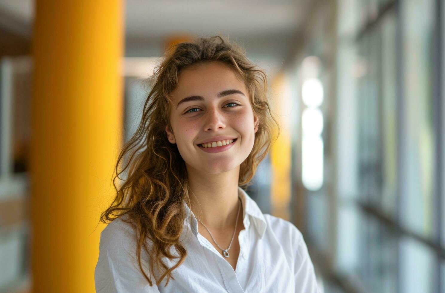 ai gegenereerd portret van aantrekkelijk jong kantoor arbeider glimlachen foto