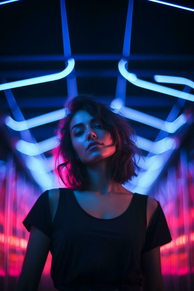 ai gegenereerd een vrouw staat in een neon tunnel, omringd door levendig neon lichten, creëren een betoverend en kleurrijk atmosfeer. generatief ai foto