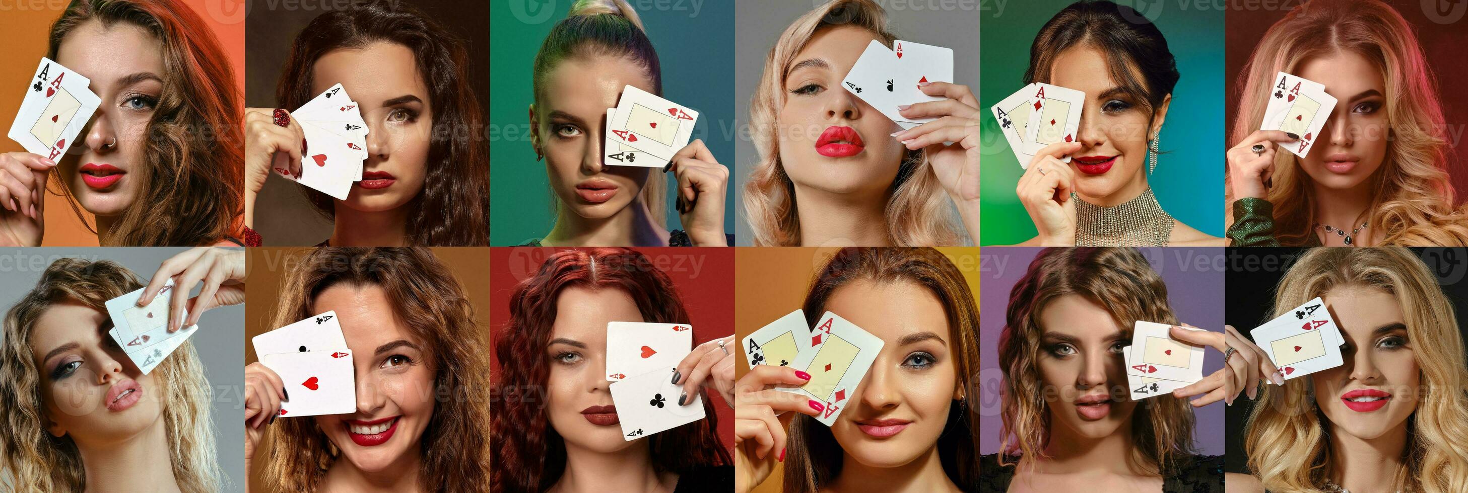 collage van modellen met elegant kapsels, in sieraden. ze gedekt een oog door spelen kaarten, poseren Aan kleurrijk achtergronden. poker, casino. detailopname foto