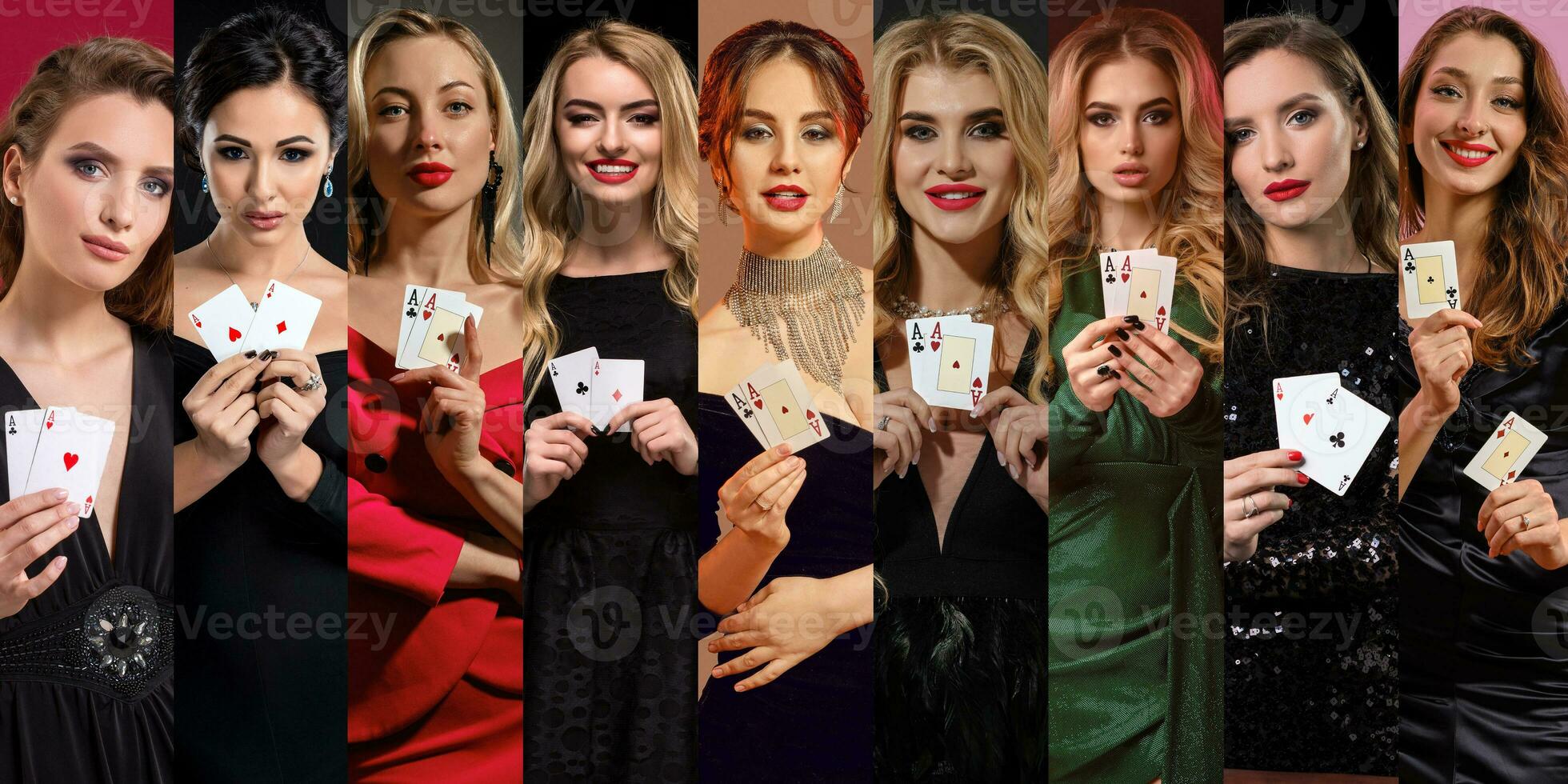 collage van Dames met verzinnen, in elegant jurken en sieraden. ze tonen spelen kaarten, poseren Aan kleurrijk achtergronden. poker, casino. detailopname foto