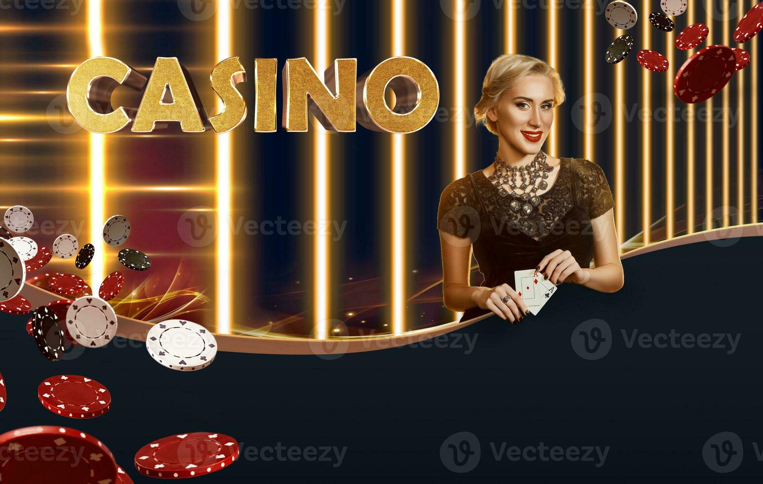 vrouw in zwart jurk, sieraden. tonen twee azen, lachend, poseren Aan kleurrijk achtergrond met gouden opschrift casino en vliegend chips. poker, casino foto