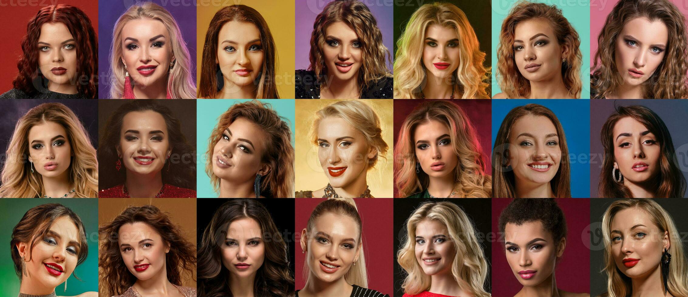 collage van prachtig Dames gezichten uitdrukken verschillend gelaats emoties. studio schot tegen kleurrijk achtergronden foto