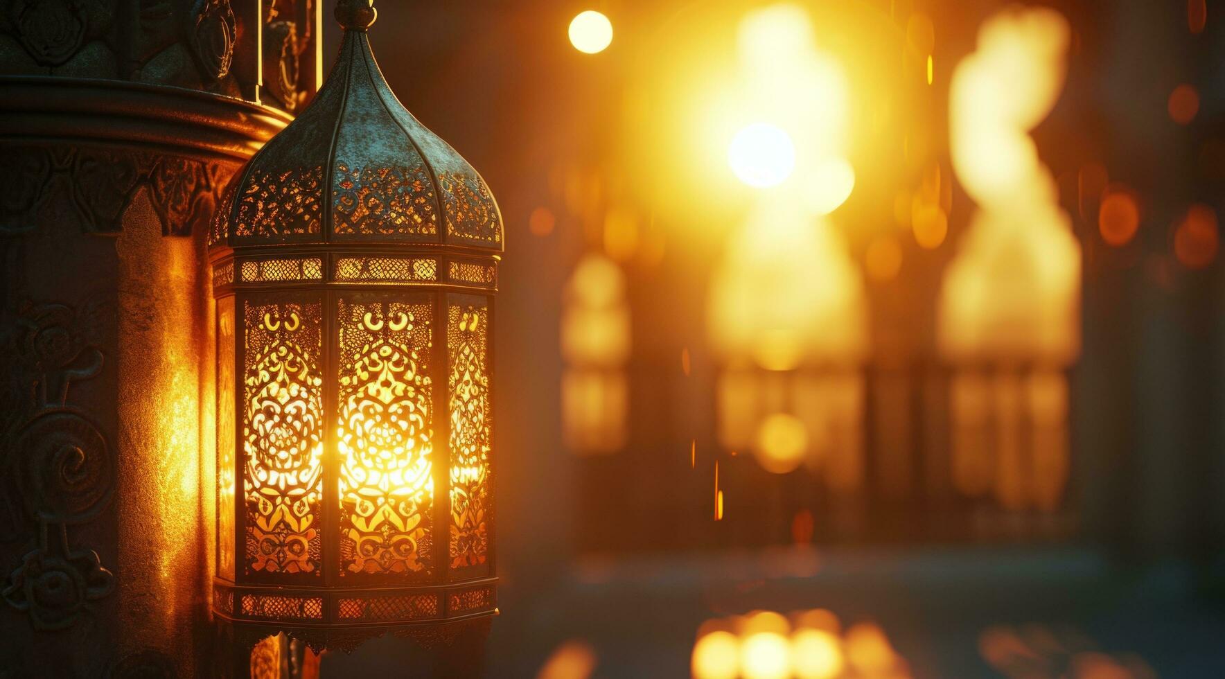 ai gegenereerd een traditioneel Arabisch lantaarn lit door kaars licht is Aan brand in voorkant van de zon foto