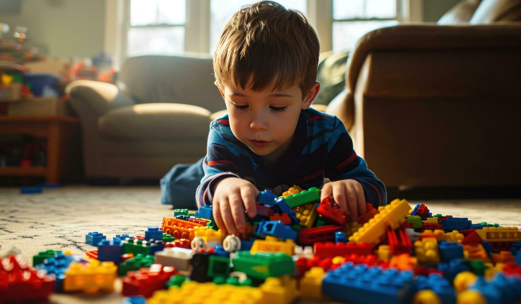 ai gegenereerd een jongen is spelen met Lego blokken in zijn huiskamer foto