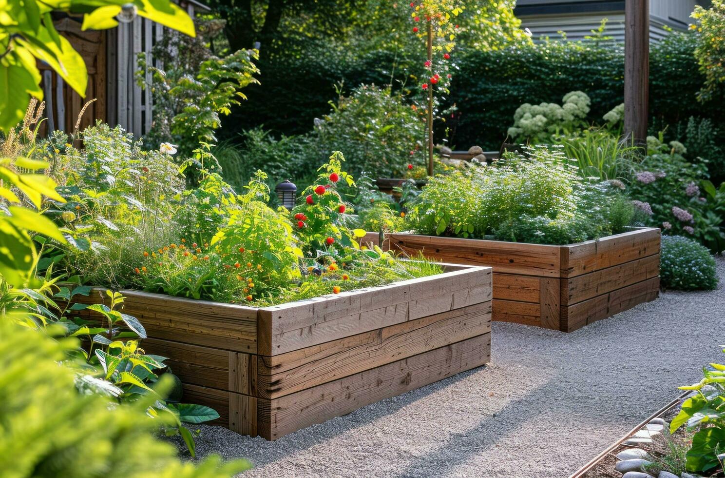 ai gegenereerd een verheven bed tuin met twee houten dozen in de midden- foto