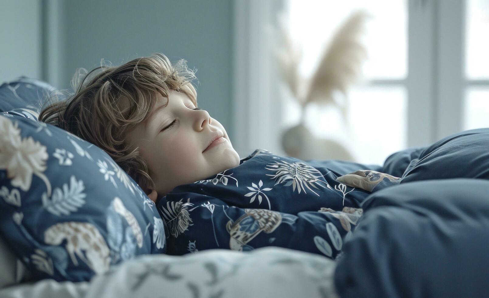 ai gegenereerd kind houdende Aan de bed in de buurt de venster foto