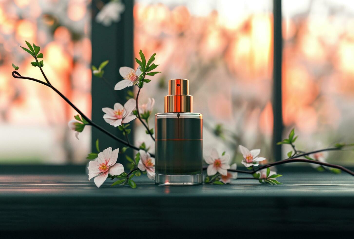 ai gegenereerd dichtbij omhoog van een parfum fles met voorjaar bloemen naast een venster foto