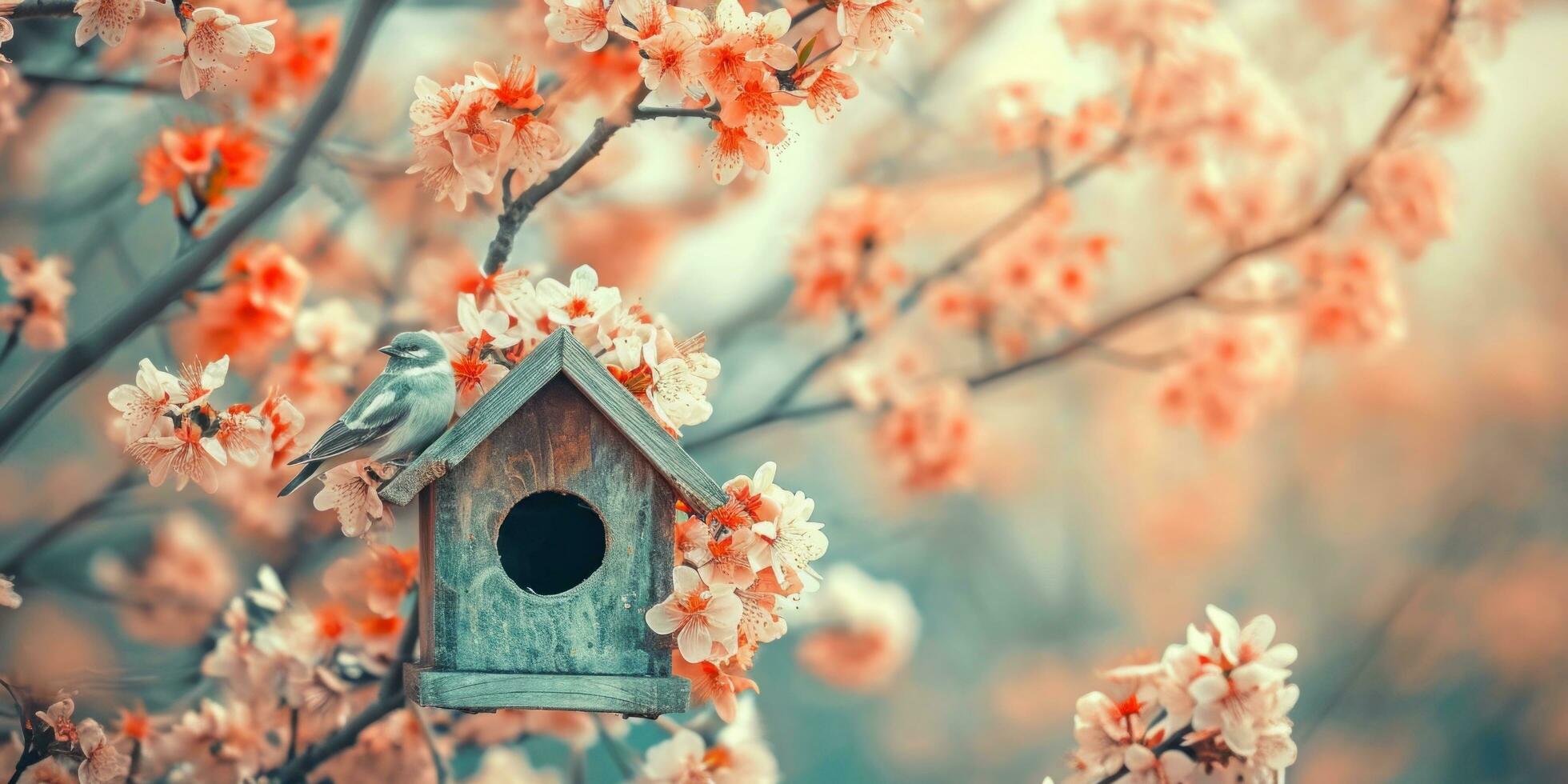 ai gegenereerd voorjaar vogelhuisje met voorjaar kers bloesem achtergrond foto
