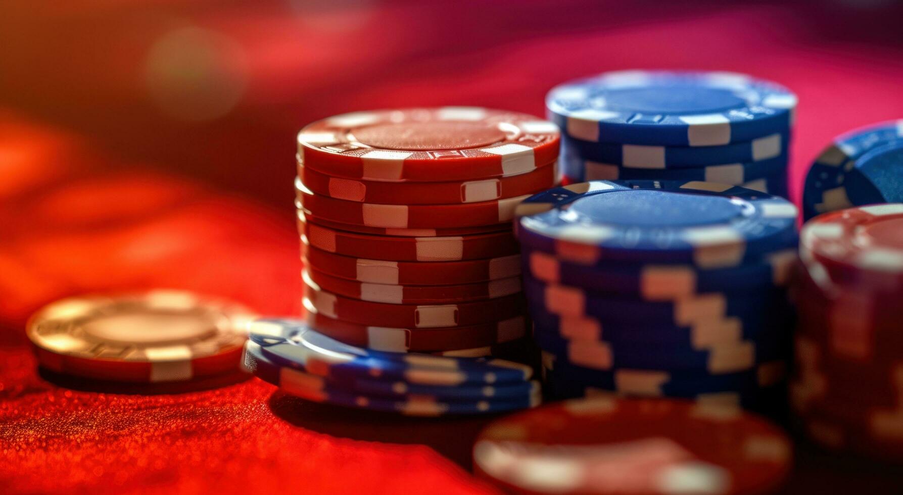 ai gegenereerd gestapeld omhoog poker chips Aan oppervlakte van rood achtergrond foto