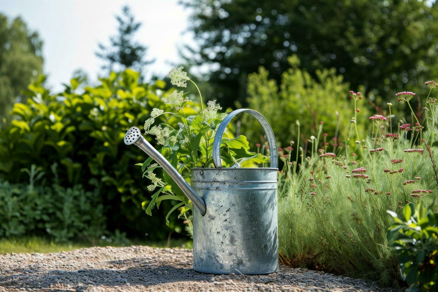 ai gegenereerd gieter kan in voorkant van veld- in een tuin tuin foto