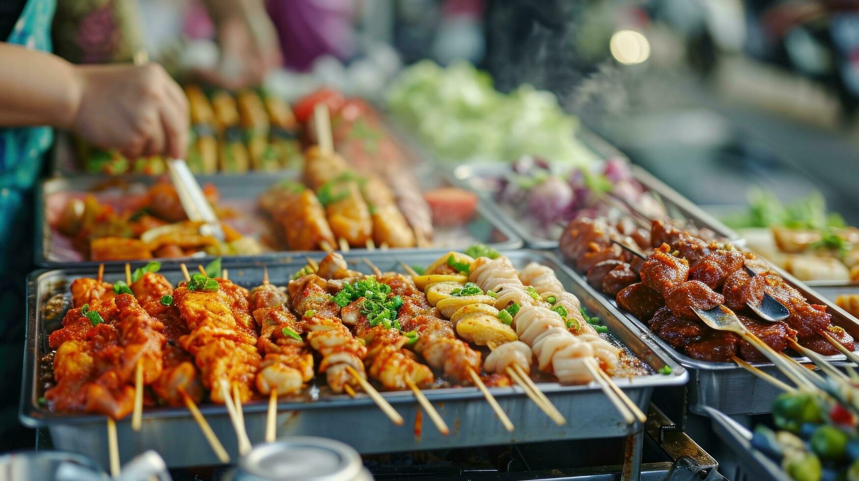 ai gegenereerd straat voedsel kraampjes met een verscheidenheid van pittig en smaakvol Internationale culinaire aanbiedingen foto