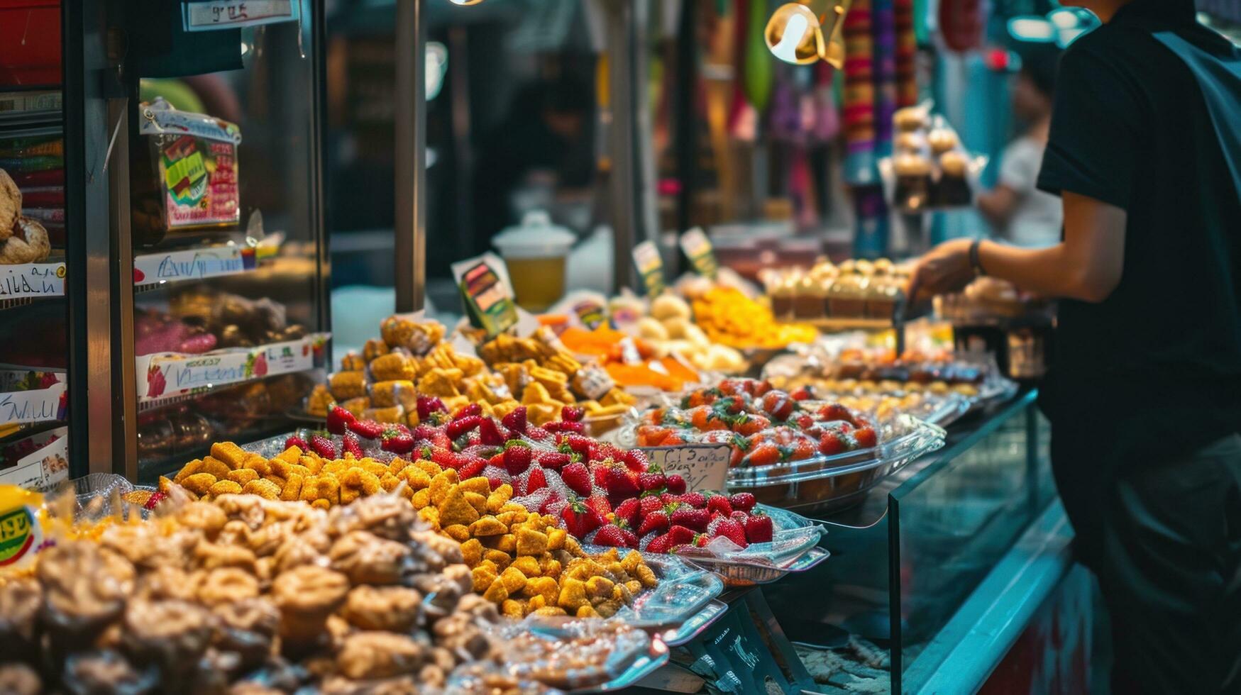 ai gegenereerd straat voedsel kraampjes met een verscheidenheid van pittig en smaakvol Internationale culinaire aanbiedingen foto