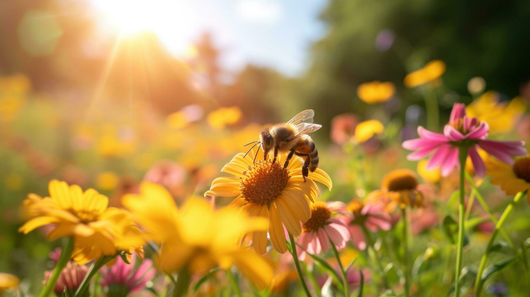 ai gegenereerd wilde bloemen, zoemend bijen, en een levendig zon brengen de lente levendig geest foto