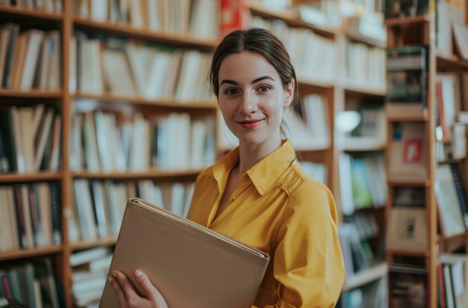 ai gegenereerd vrouw Holding een map in haar armen en staand in de buurt boekenkasten foto